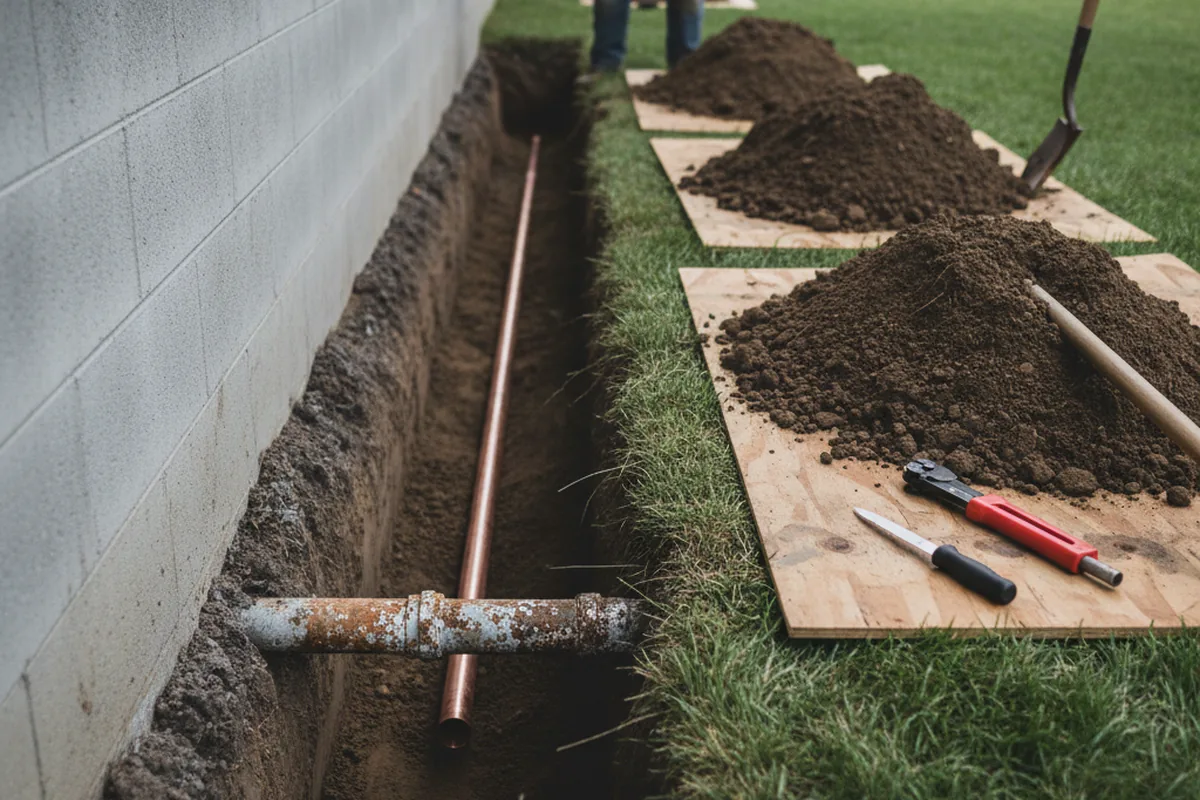 Excavated water line trench during Sewer Line Repair in Hickory